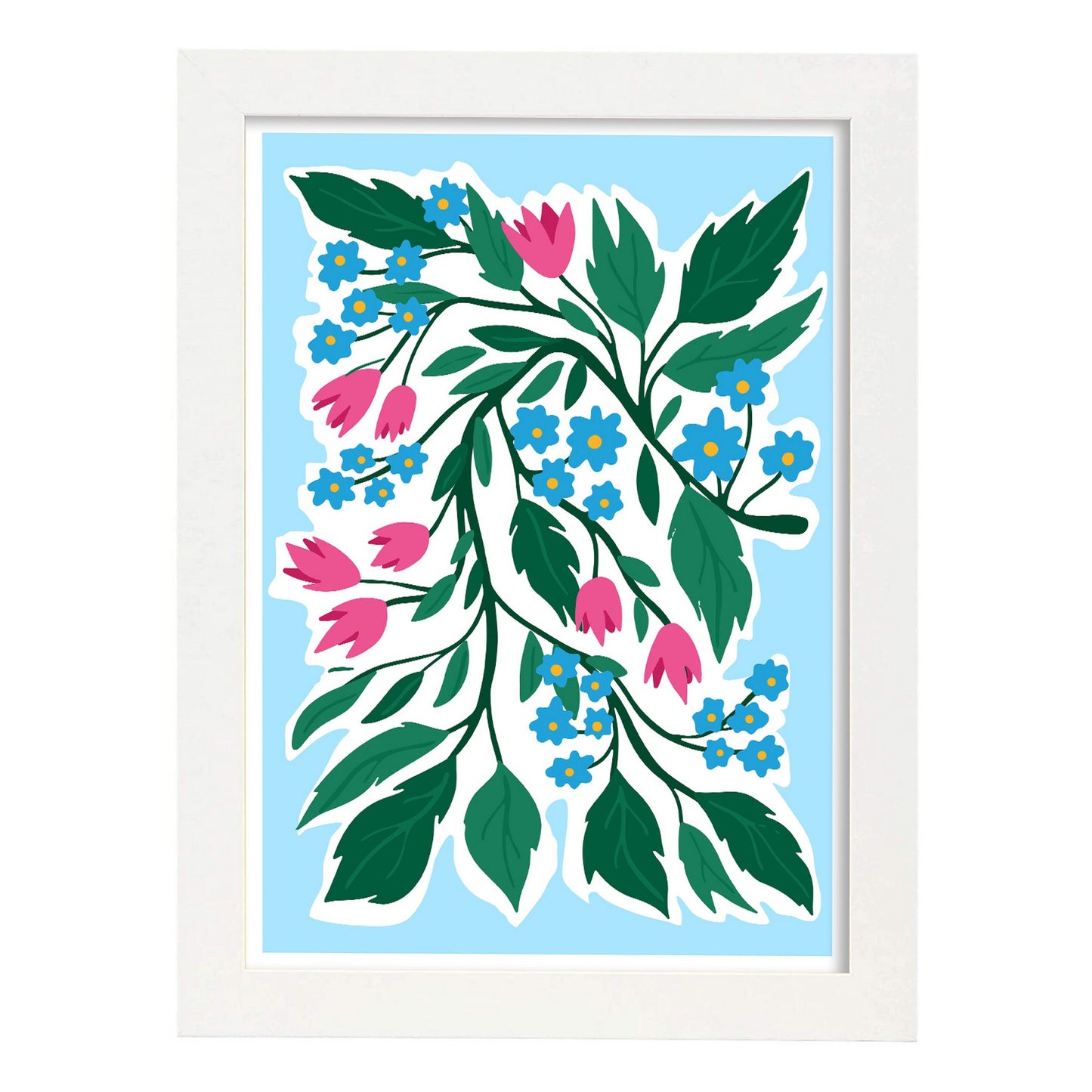 Lámina de Flores Azules y Rosas y Diseño Estético de Pared