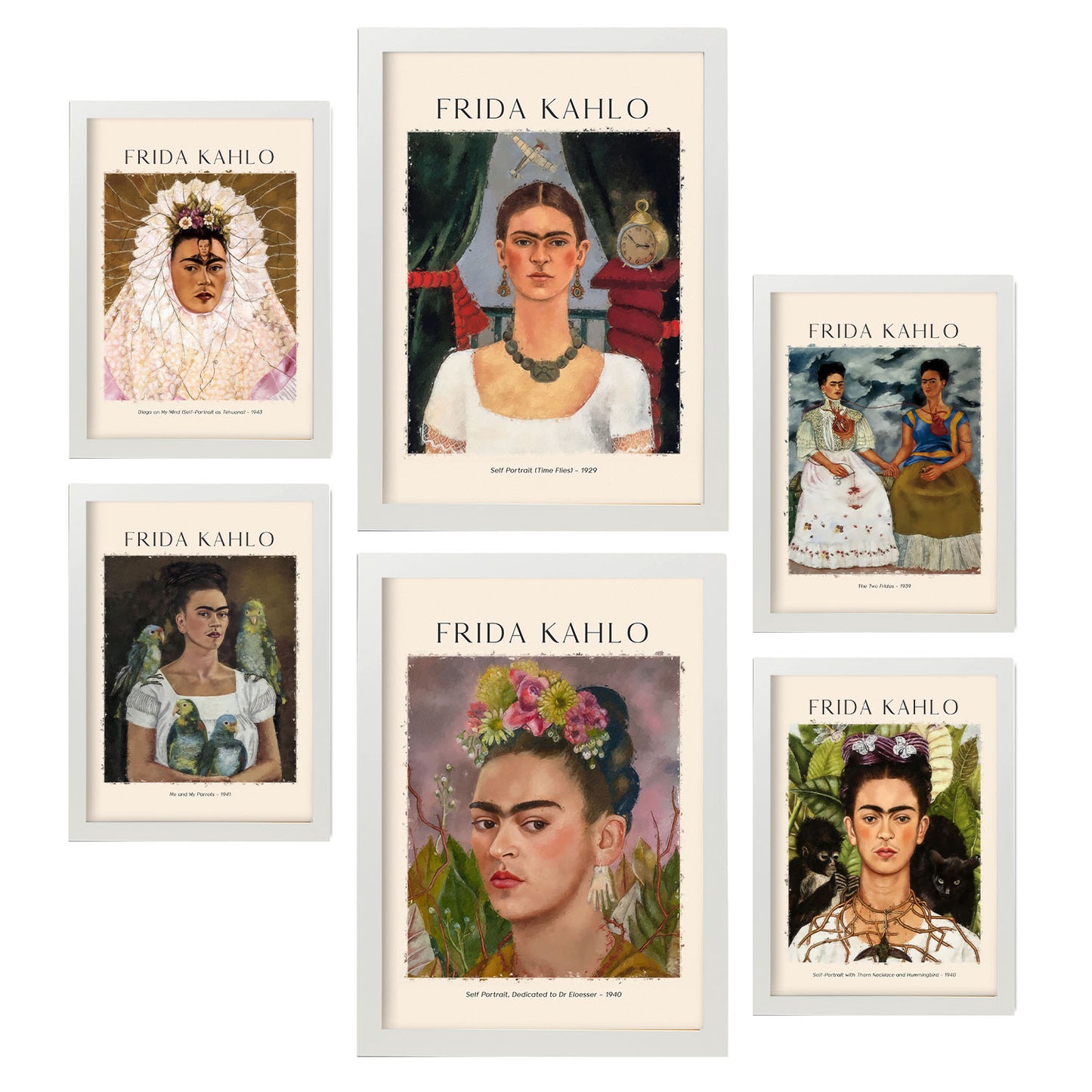 Set de 6 láminas con retratos icónicos de Frida Kahlo en estilo expresionista para decorar salón, dormitorio o estudio artístico – 2 grandes y 4 medianos
