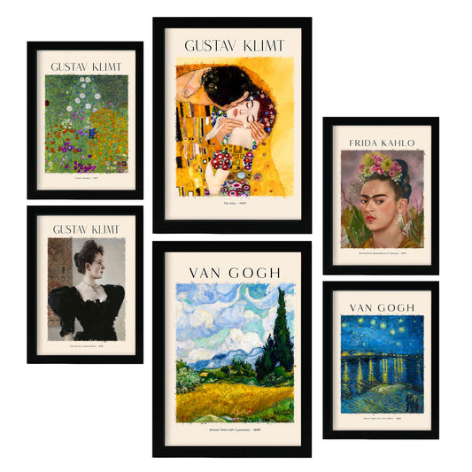 Set de 6 láminas con obras icónicas de Klimt, Frida Kahlo y Van Gogh para decorar salón elegante o dormitorio artístico – 2 grandes y 4 medianos