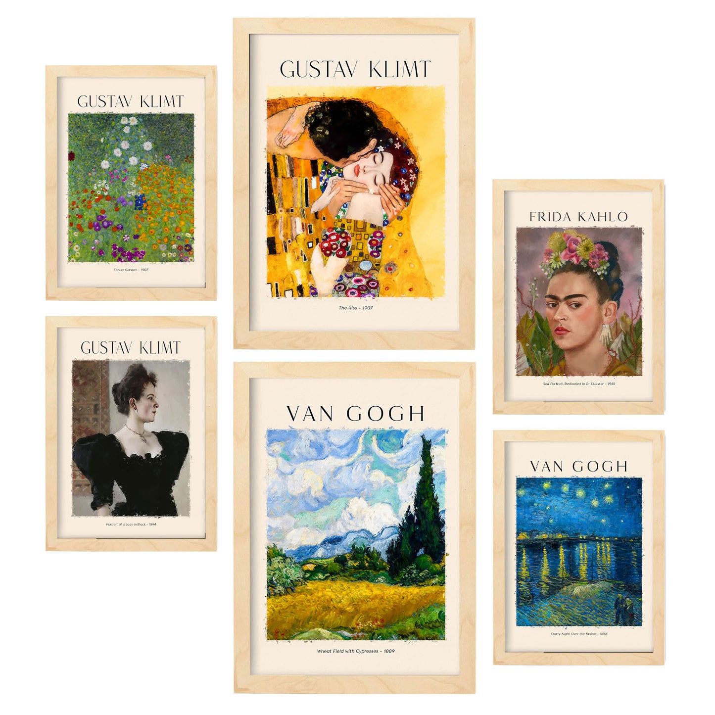 Set de 6 láminas con obras icónicas de Klimt, Frida Kahlo y Van Gogh para decorar salón elegante o dormitorio artístico – 2 grandes y 4 medianos
