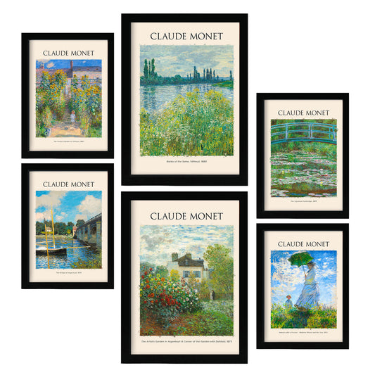 Set de 6 láminas impresionistas de Claude Monet con paisajes naturales y jardines para salón, dormitorio o pasillo elegante – 2 grandes y 4 medianos