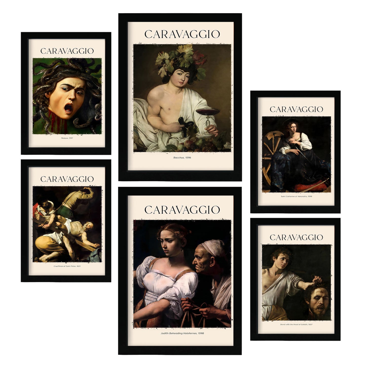 Set de 6 láminas con obras maestras de Caravaggio como Medusa, Judith y Bacchus para decorar salón, dormitorio o galería clásica – 2 grandes y 4 medianos