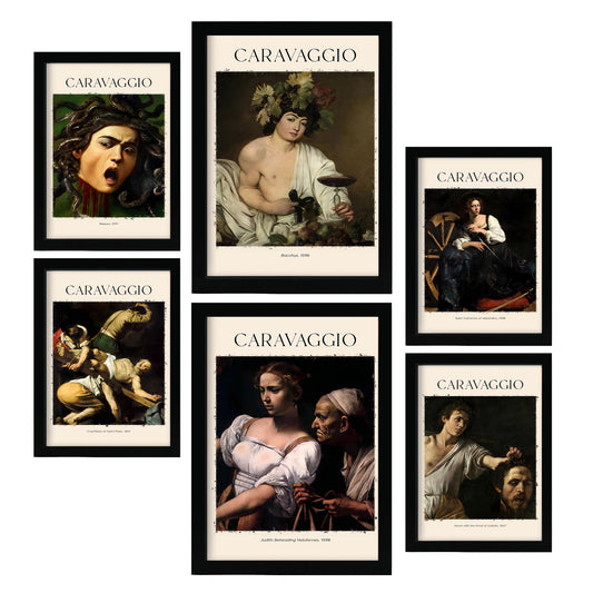 Set de 6 láminas con obras maestras de Caravaggio como Medusa, Judith y Bacchus para decorar salón, dormitorio o galería clásica – 2 grandes y 4 medianos