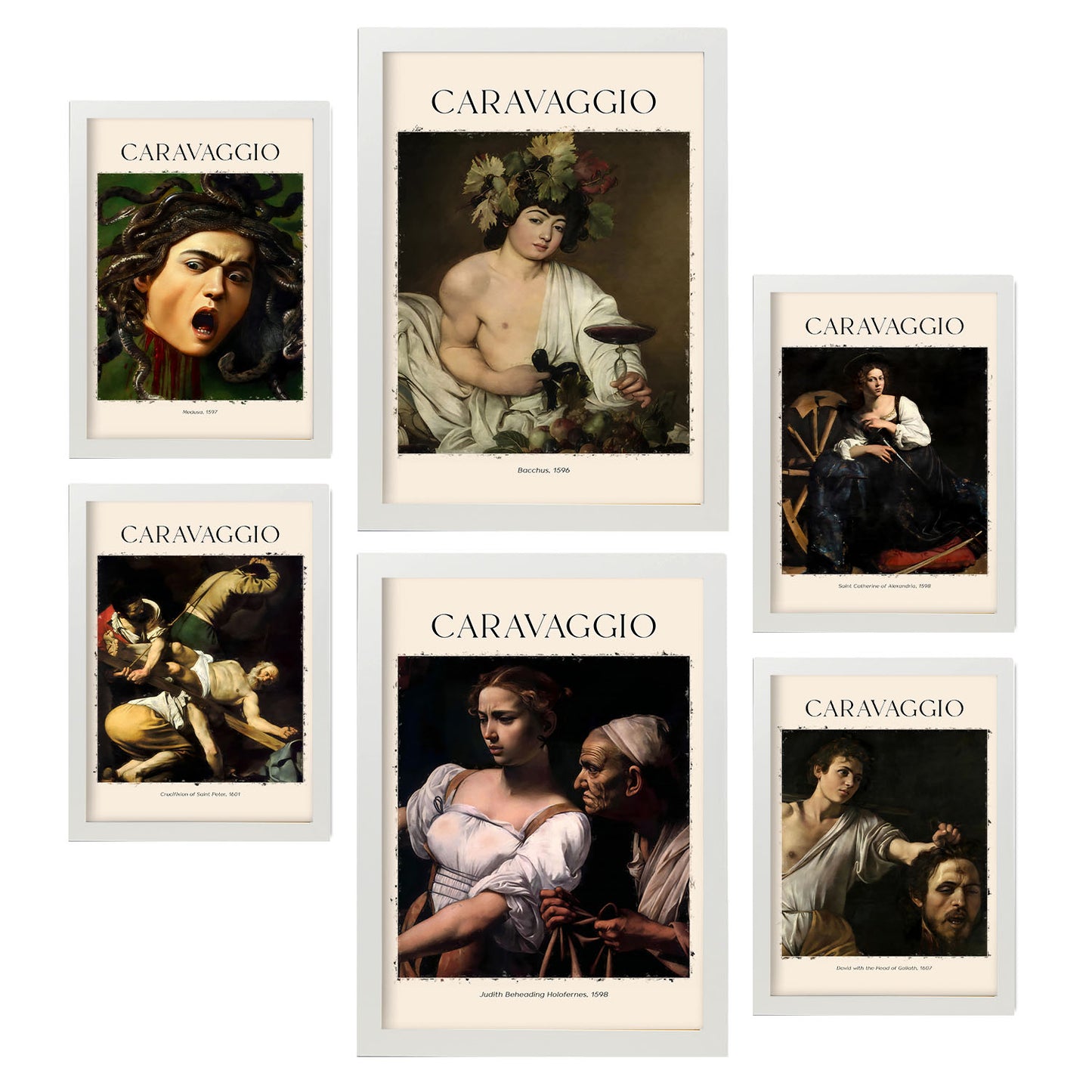 Set de 6 láminas con obras maestras de Caravaggio como Medusa, Judith y Bacchus para decorar salón, dormitorio o galería clásica – 2 grandes y 4 medianos