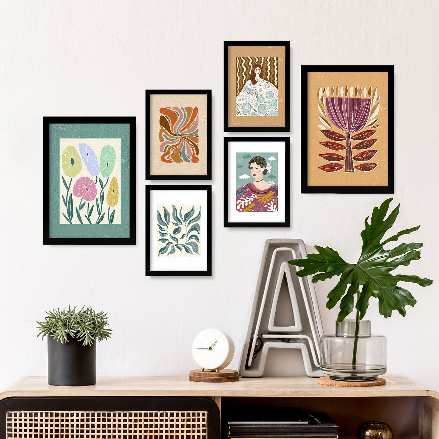 Nacnic Set de 6 Laminas de Floret en colección de Laminas de estilo étnico. Cuadros decorativos estéticos para su sala de estar, dormitorio, hogar. Impresión de arte de pared. Tamaños A4 y A3