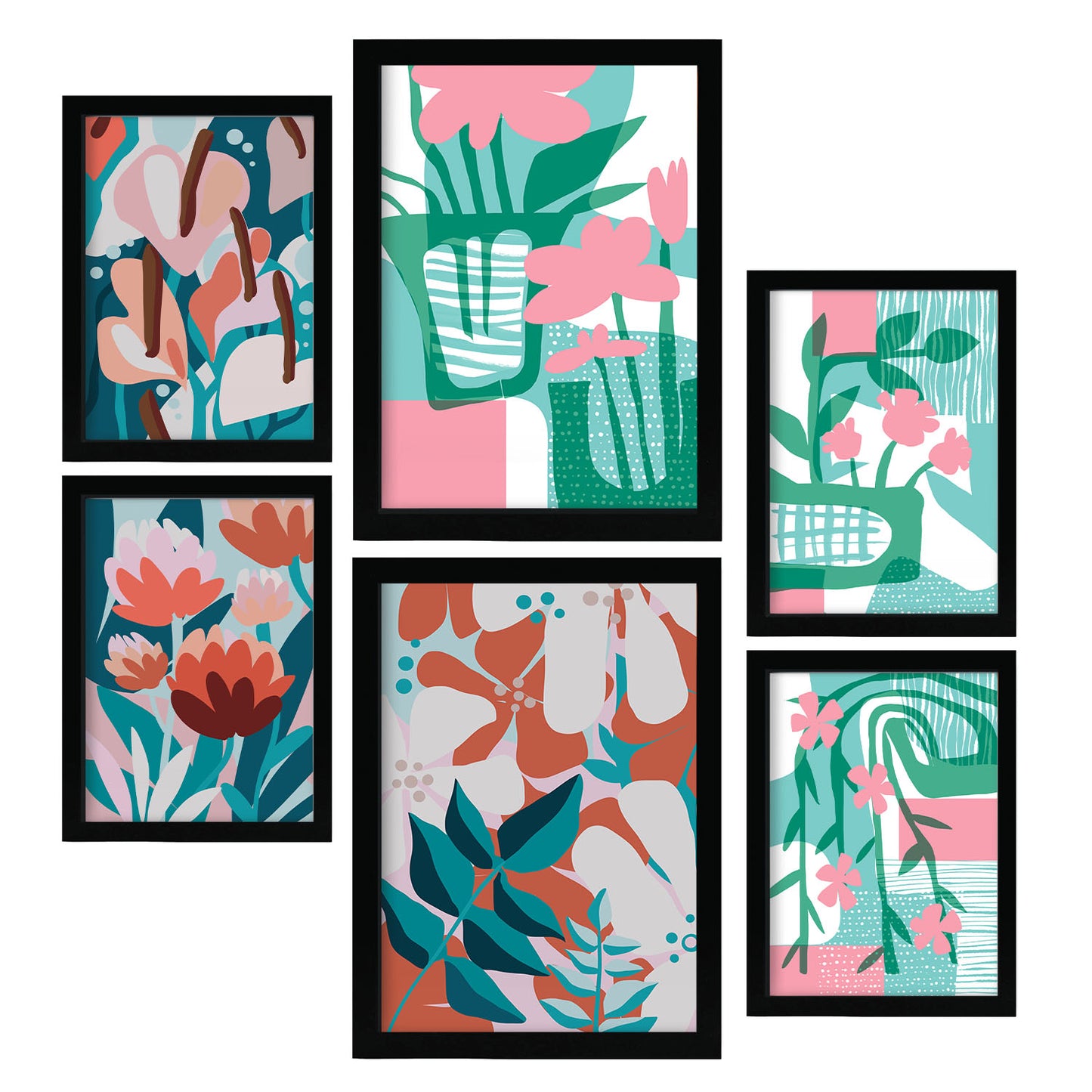 Nacnic Set de 6 Láminas de Flores Abstractas en Verdes Rosados