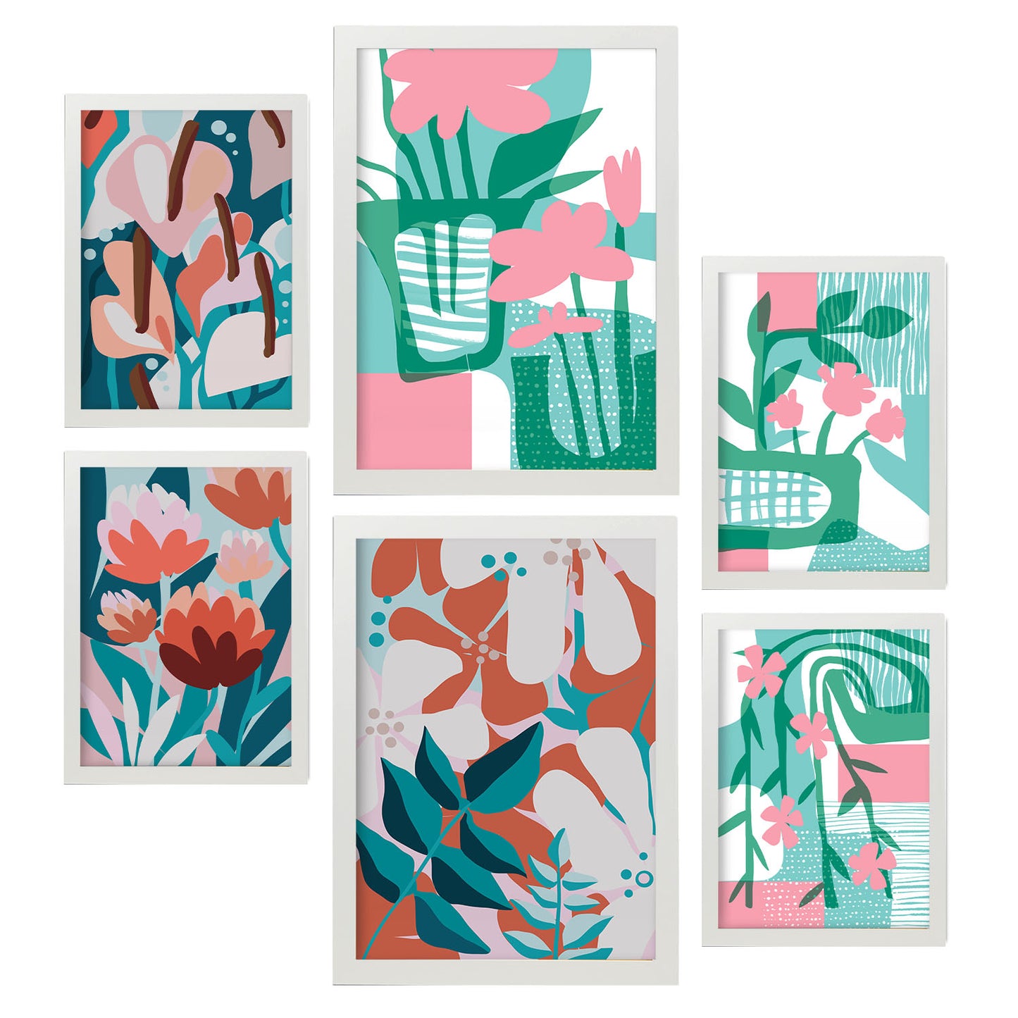 Nacnic Set de 6 Láminas de Flores Abstractas en Verdes Rosados