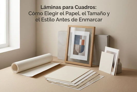 Professional header image for educational tutorial: Láminas para Cuadros: Cómo Elegir el Papel, el Tamaño y e...