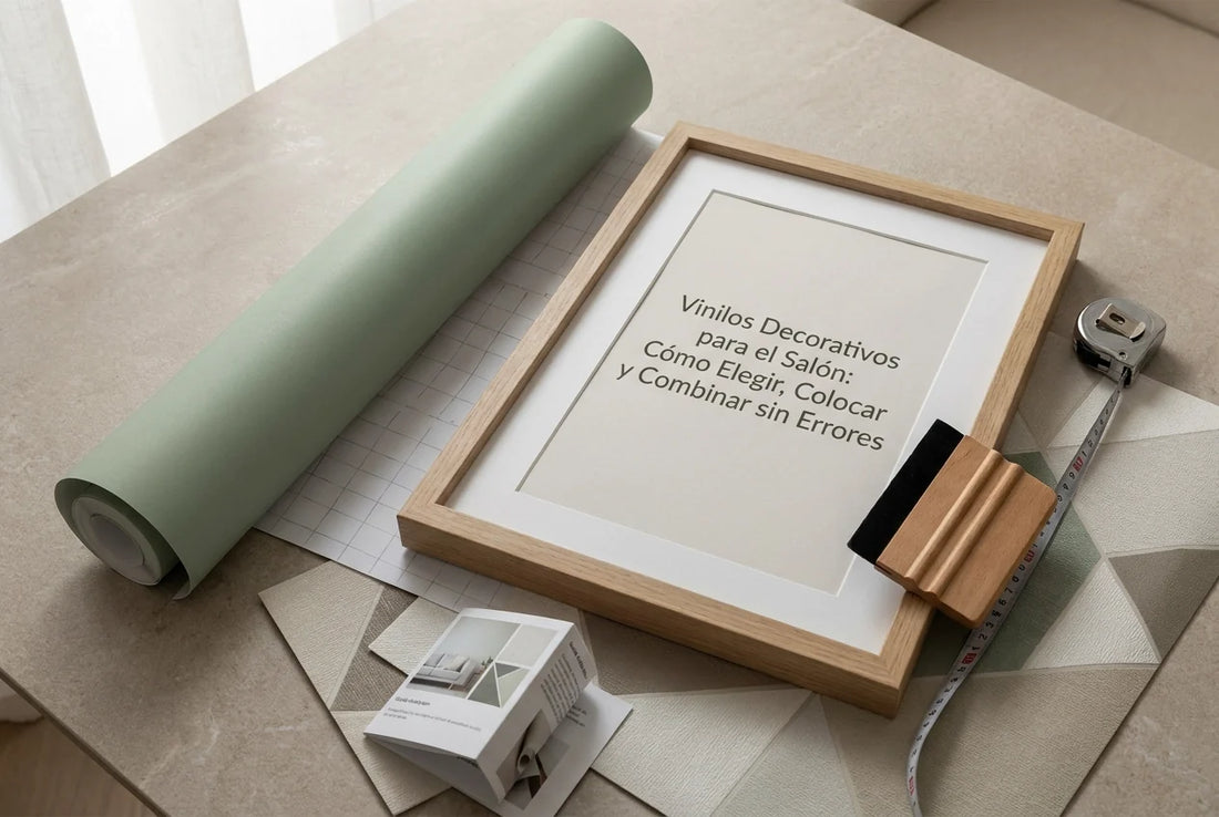 Professional header image for educational tutorial: Vinilos Decorativos para el Salón: Cómo Elegir, Colocar y...