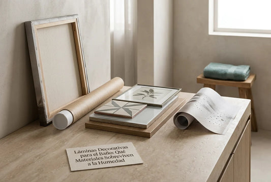Professional header image for educational tutorial: Láminas Decorativas para el Baño: Qué Materiales Sobreviv...