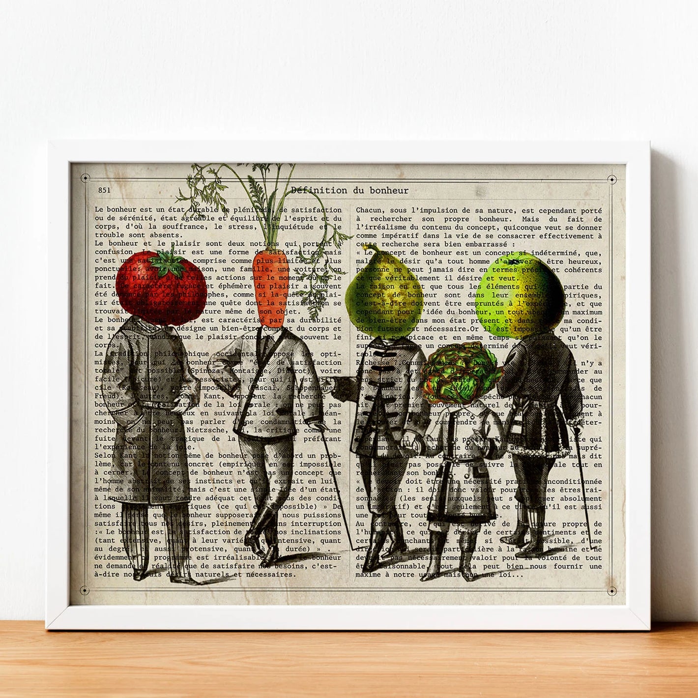 La imagen muestra una ilustración de una persona con cabeza de zanahoria, sosteniendo un ramo de brócoli. La figura está vestida con un traje vintage y está rodeada de vegetales y frutas. Esta imagen es llamativa y divertida, y es perfecta para darle un 