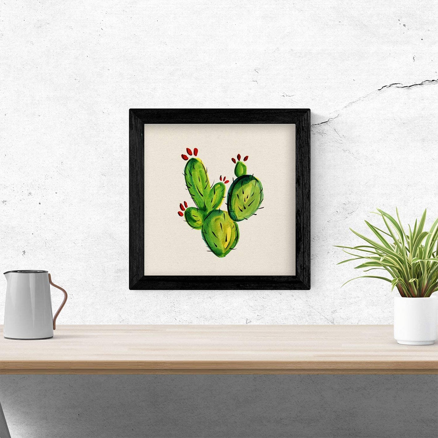 Imagen principal de la colección de Láminas Cactus: Una vista de cerca de un cactus de color verde con espinas largas y delgadas. La planta está enmarcada por un fondo blanco y una sombra suave, lo que hace que la ilustración resalte. Esta lámina es perf