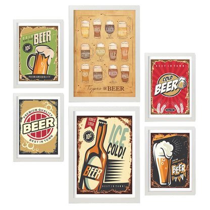 Set de 6 láminas vintage de cerveza con carteles publicitarios retro en colores vivos para decorar bar, cocina o restaurante moderno – 2 grandes y 4 medianos