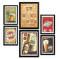 Set de 6 láminas vintage de cerveza con carteles publicitarios retro en colores vivos para decorar bar, cocina o restaurante moderno – 2 grandes y 4 medianos