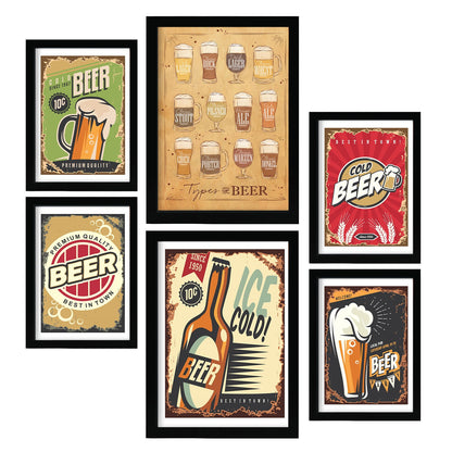 Set de 6 láminas vintage de cerveza con carteles publicitarios retro en colores vivos para decorar bar, cocina o restaurante moderno – 2 grandes y 4 medianos