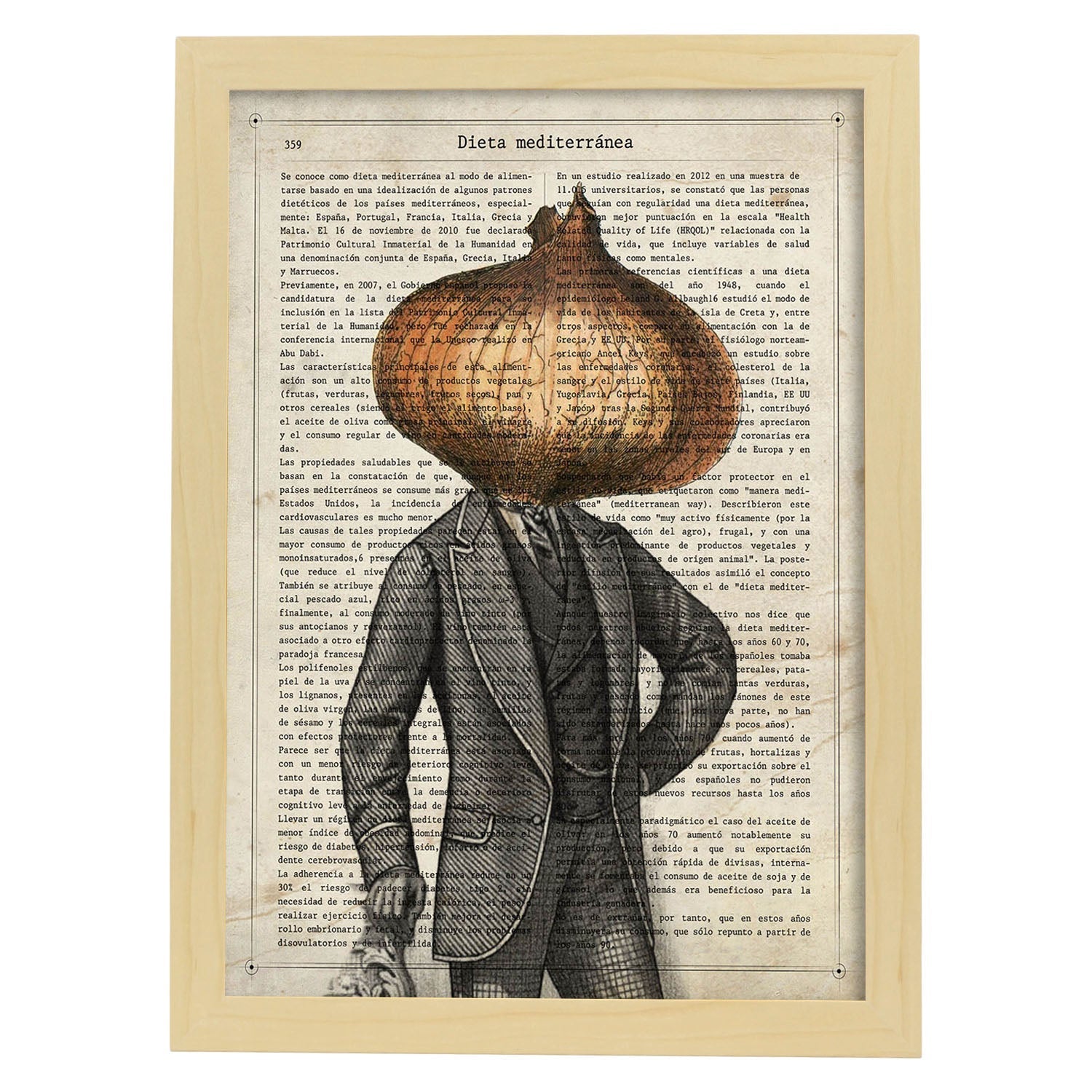 Poster de verduras humanas. Lámina Mr. Cebolla. Cuadros de humanos con cabezas de verdura.-Artwork-Nacnic-A4-Marco Madera clara-Nacnic Estudio SL