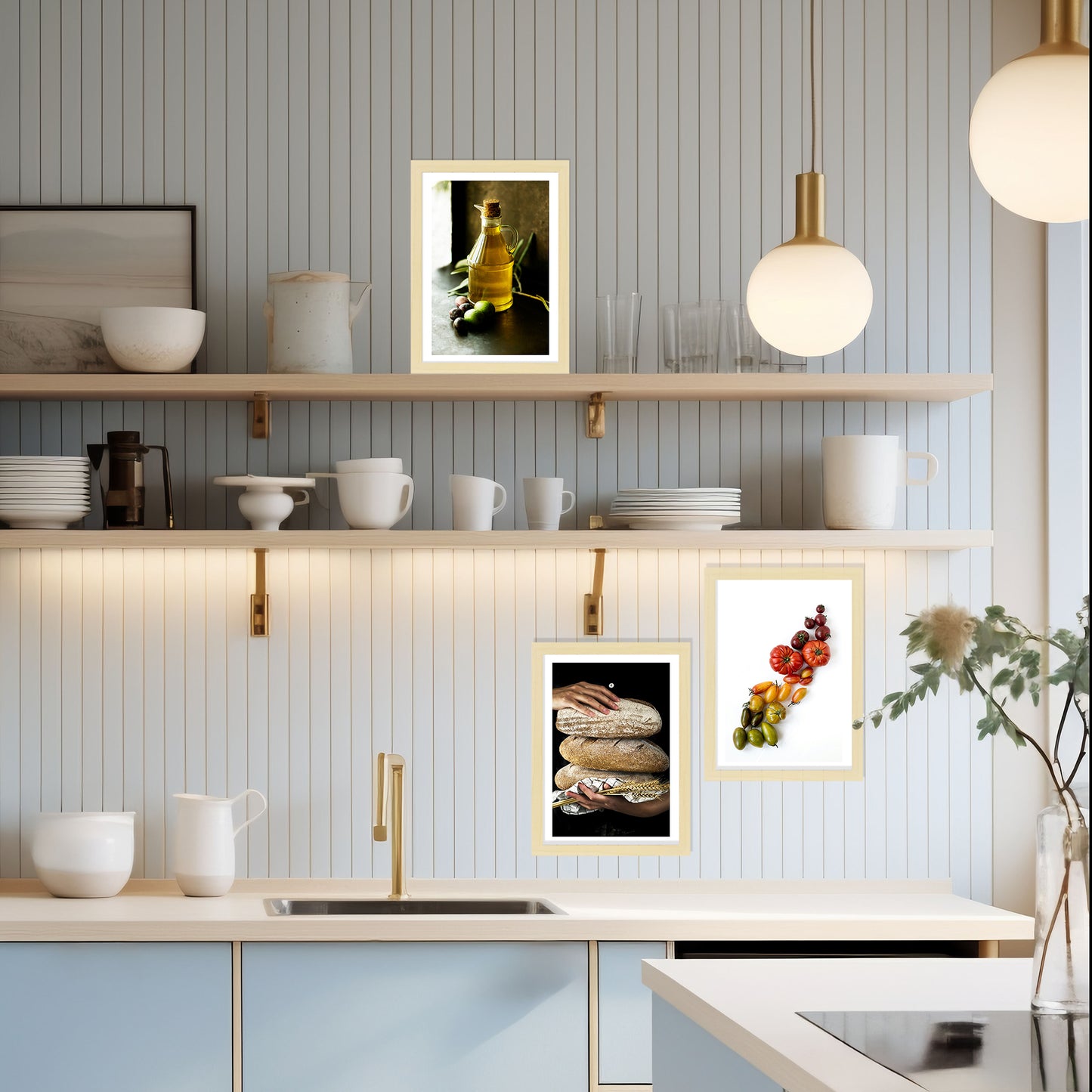 Set de 3 Cuadros de Cocina Mediterránea, Pan, Aceite de Oliva, Verduras Ilustración impresa en estilo Fotográfico para decorar Cocina, Despensa, Comedor, Restaurante, Cafetería