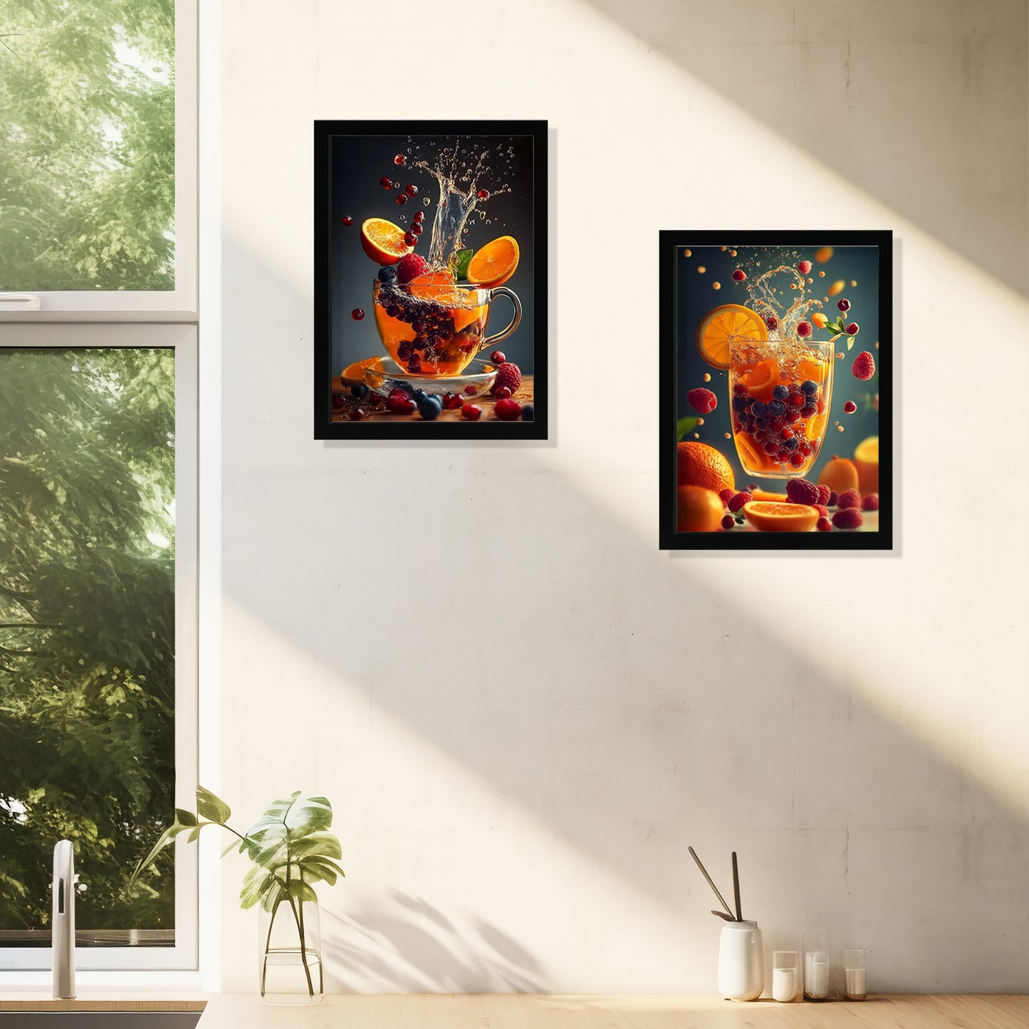 Set de 2 Cuadros de Colores con Té de Frutas Refrescantes Ilustración impresa en estilo Fotográfico para decorar las paredes de Cocina, Despensa, Comedor, Restaurante