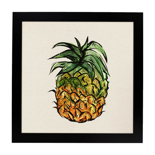 Poster cuadrado de Piña para todos. Lámina de frutas y verduras de forma cuadrada, ilustrada con dibujos a color.-Artwork-Nacnic-20x20 cm-Marco Negro-Nacnic Estudio SL