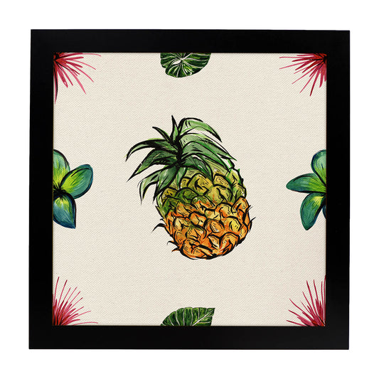 Poster cuadrado de Piñas con flor. Lámina de frutas y verduras de forma cuadrada, ilustrada con dibujos a color.-Artwork-Nacnic-20x20 cm-Marco Negro-Nacnic Estudio SL
