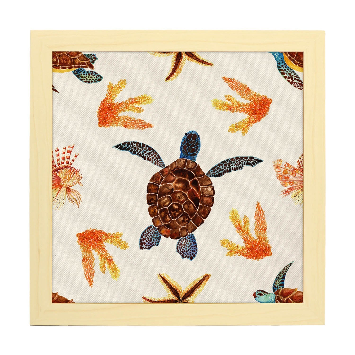 Poster cuadrado con dibujos de ranas y tortugas. Lámina Tortuga nadadora, ilustrada con dibujos de tortugas, ranas, y sapos.-Artwork-Nacnic-20x20 cm-Marco Madera clara-Nacnic Estudio SL