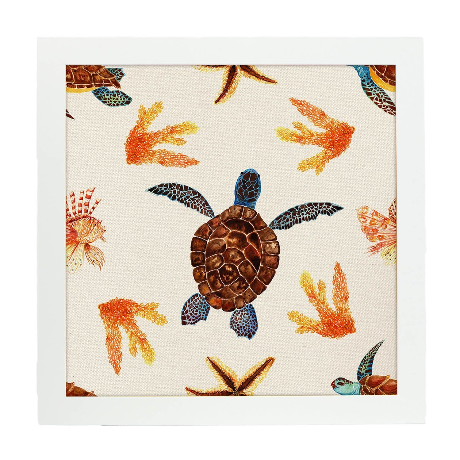 Poster cuadrado con dibujos de ranas y tortugas. Lámina Tortuga nadadora, ilustrada con dibujos de tortugas, ranas, y sapos.-Artwork-Nacnic-20x20 cm-Marco Blanco-Nacnic Estudio SL