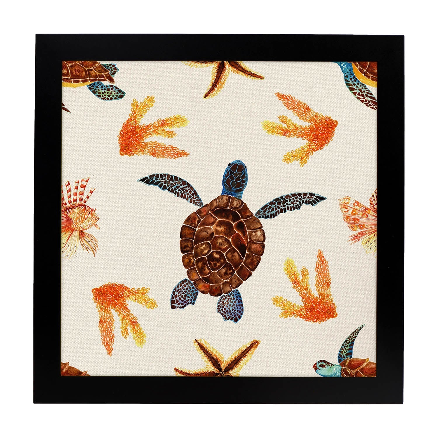 Poster cuadrado con dibujos de ranas y tortugas. Lámina Tortuga nadadora, ilustrada con dibujos de tortugas, ranas, y sapos.-Artwork-Nacnic-25x25 cm-Marco Negro-Nacnic Estudio SL