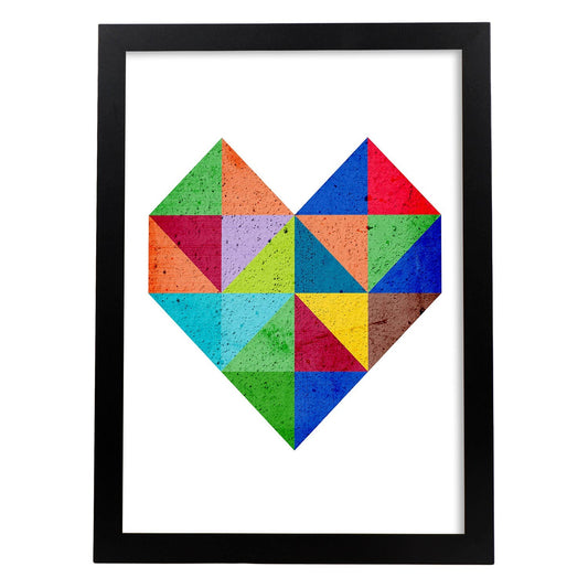 Poster con dibújo de geometría colorida. Lámina Corazón 2, ilustrada con con formas y figuras llenas de color.-Artwork-Nacnic-A4-Marco Negro-Nacnic Estudio SL