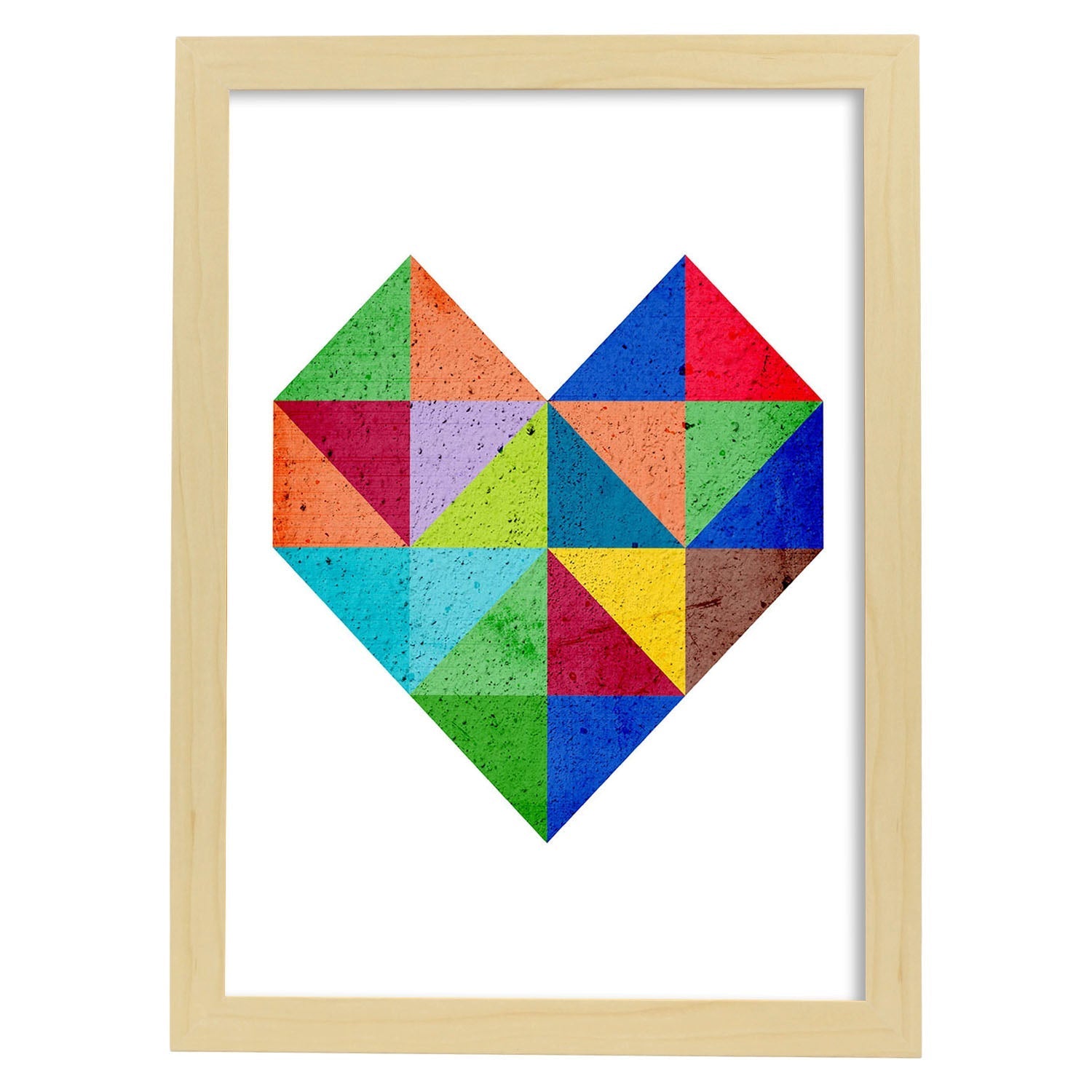 Poster con dibújo de geometría colorida. Lámina Corazón 2, ilustrada con con formas y figuras llenas de color.-Artwork-Nacnic-A4-Marco Madera clara-Nacnic Estudio SL