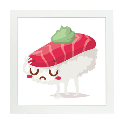 Poster cuadrado de sushi. Lámina Sushi wasabi, con dibujos de sushi, onigiri, y otras comidas japonesas.-Artwork-Nacnic-20x20 cm-Marco Blanco-Nacnic Estudio SL