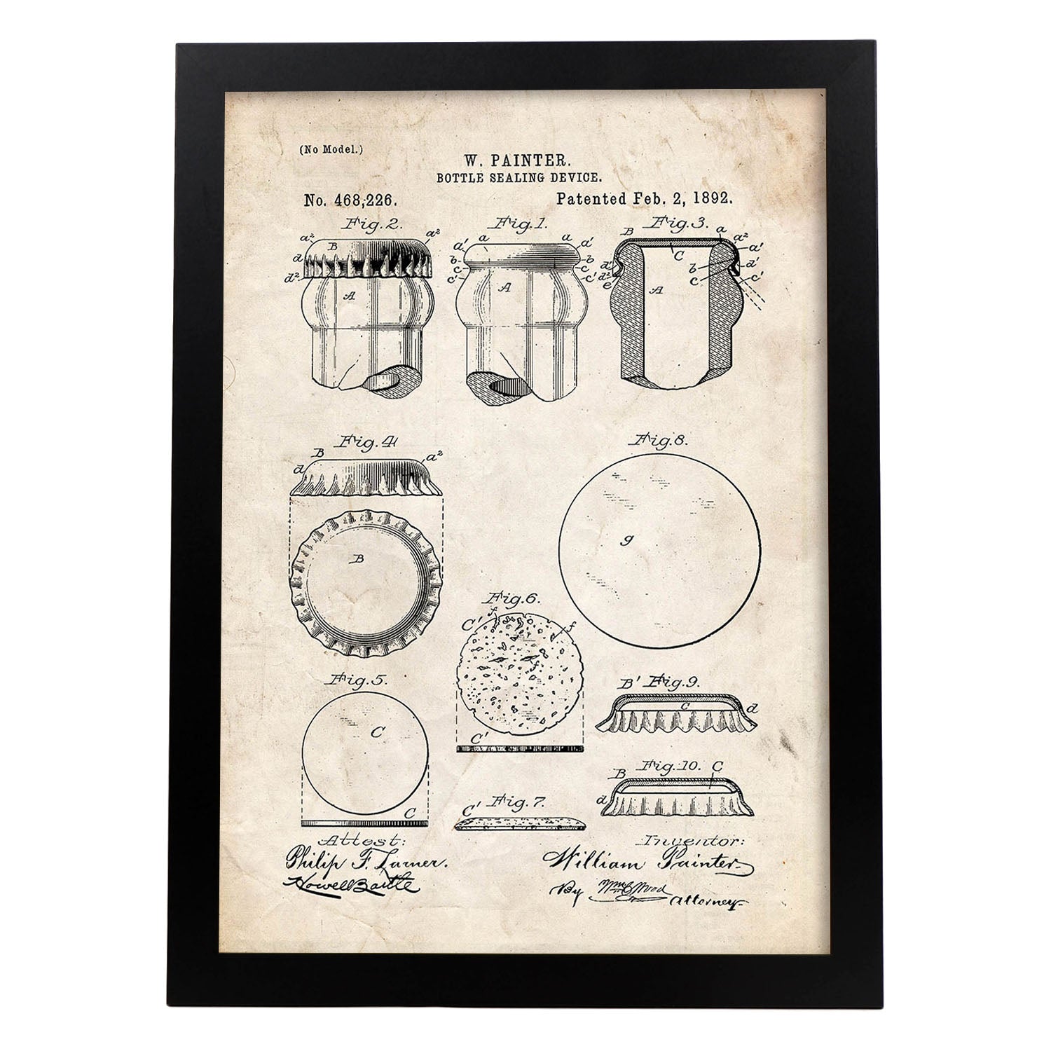 Poster con patente de Dispositivo de sellado de botellas. Lámina con diseño de patente antigua.-Artwork-Nacnic-A3-Marco Negro-Nacnic Estudio SL