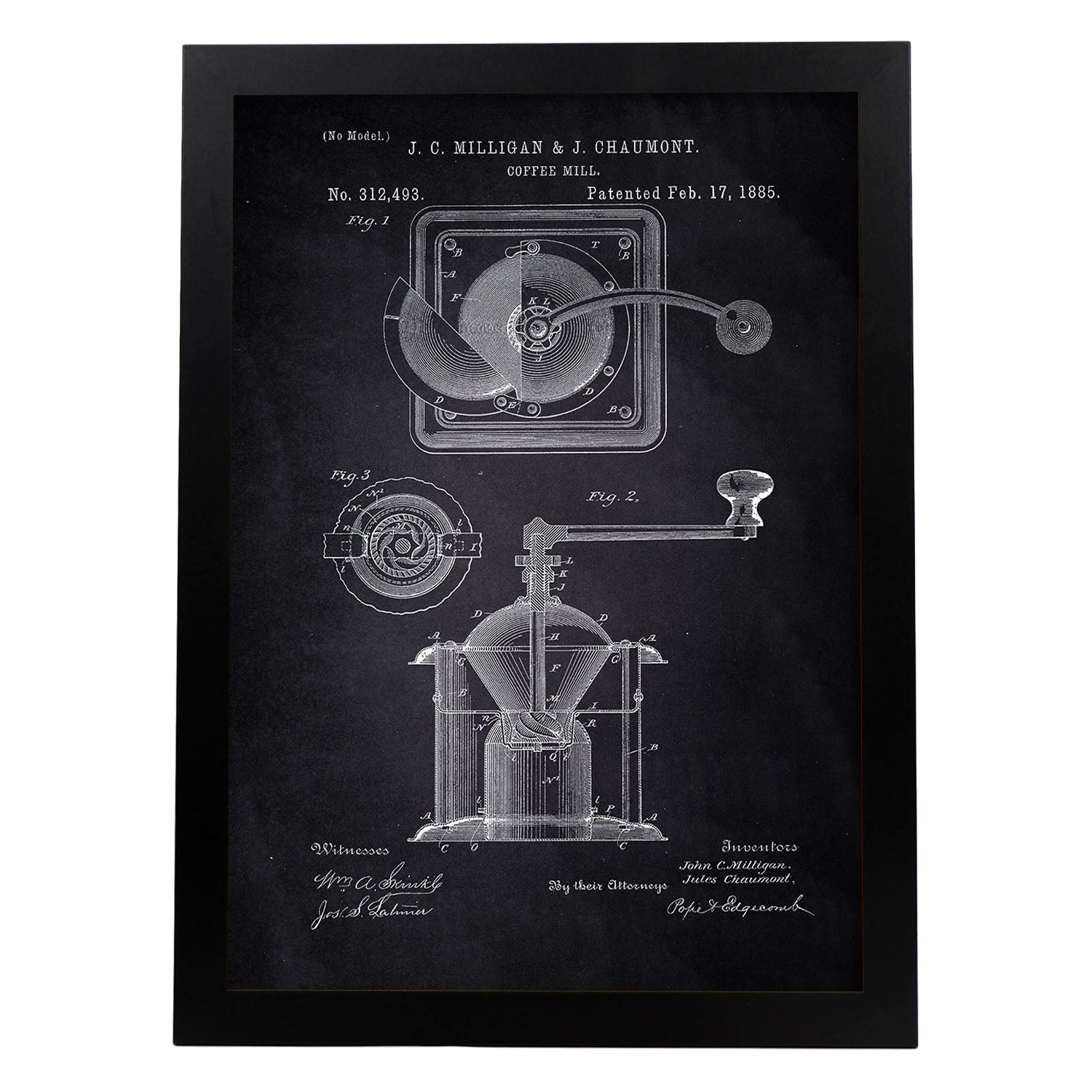 Poster con patente de Molinillo de café. Lámina con diseño de patente antigua-Artwork-Nacnic-A4-Marco Negro-Nacnic Estudio SL