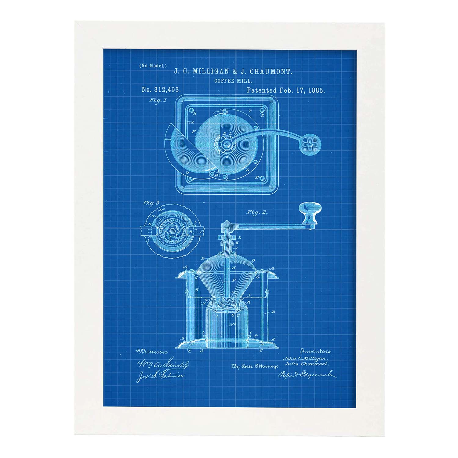 Poster con patente de Molinillo de café. Lámina con diseño de patente antigua-Artwork-Nacnic-A4-Marco Blanco-Nacnic Estudio SL