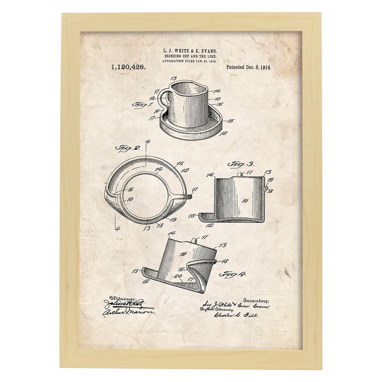 Poster con patente de Taza de diseño. Lámina con diseño de patente antigua.-Artwork-Nacnic-A4-Marco Madera clara-Nacnic Estudio SL