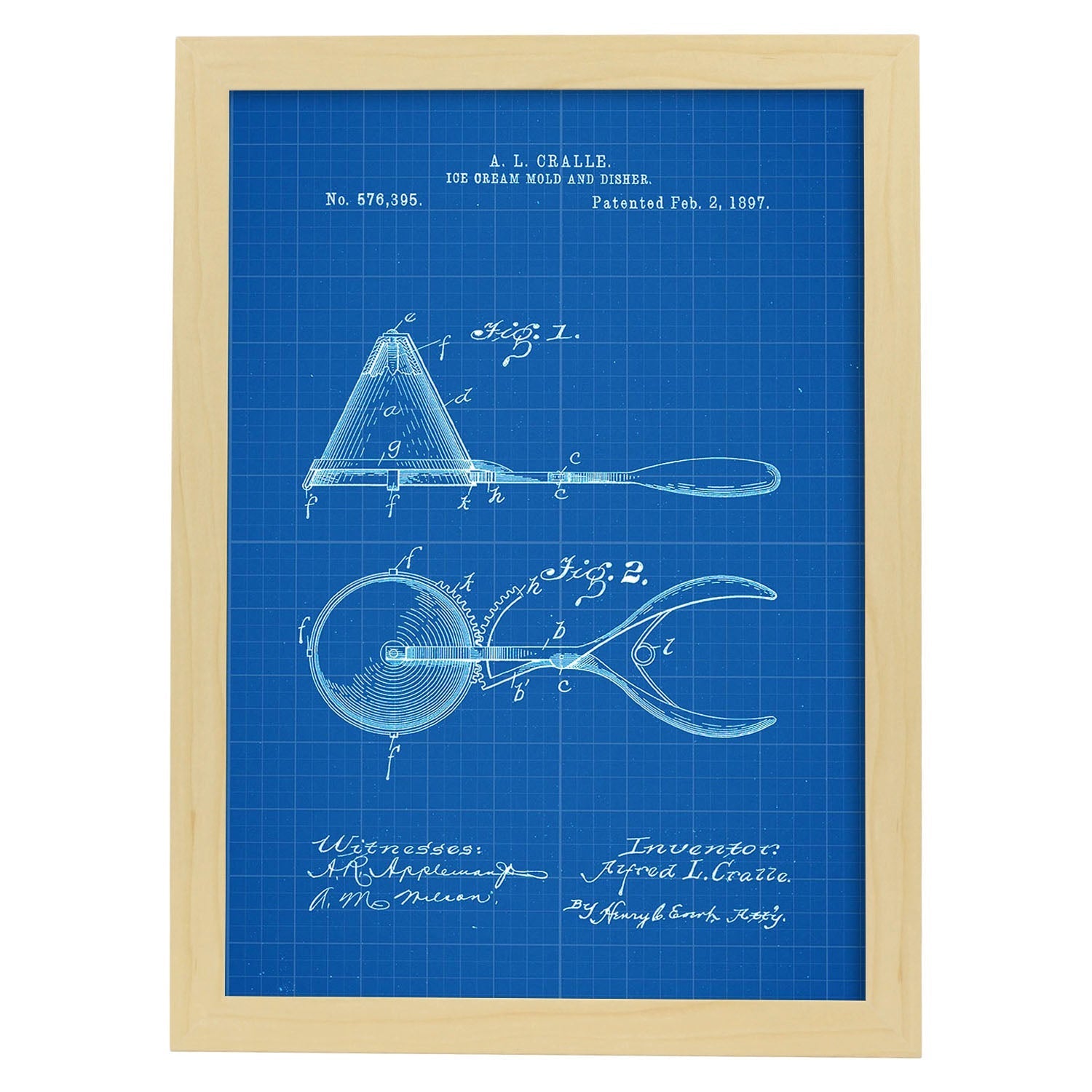 Poster con patente de Cuchara de helado. Lámina con diseño de patente antigua-Artwork-Nacnic-A4-Marco Madera clara-Nacnic Estudio SL