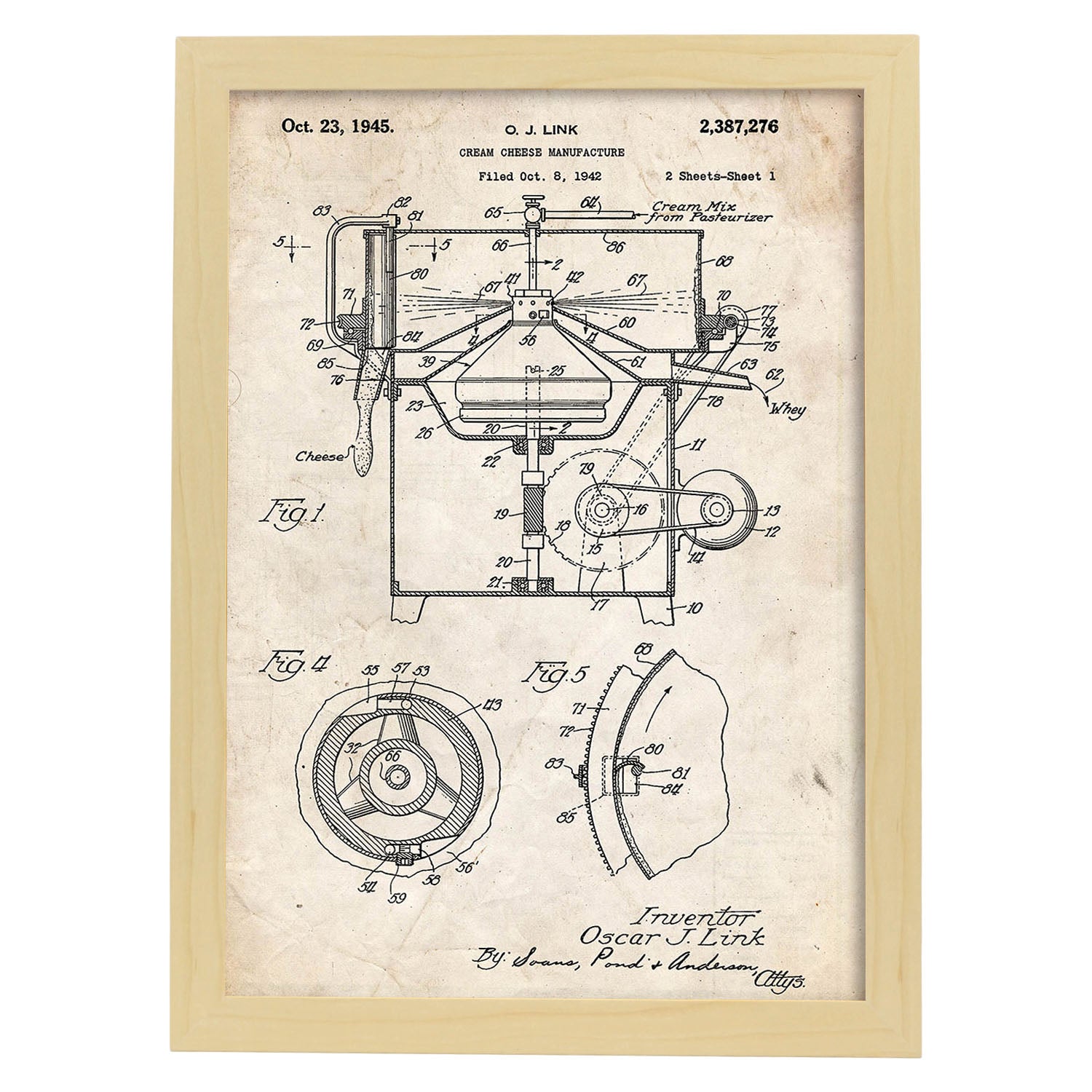 Poster con patente de Maquina para crema de queso. Lámina con diseño de patente antigua.-Artwork-Nacnic-A4-Marco Madera clara-Nacnic Estudio SL