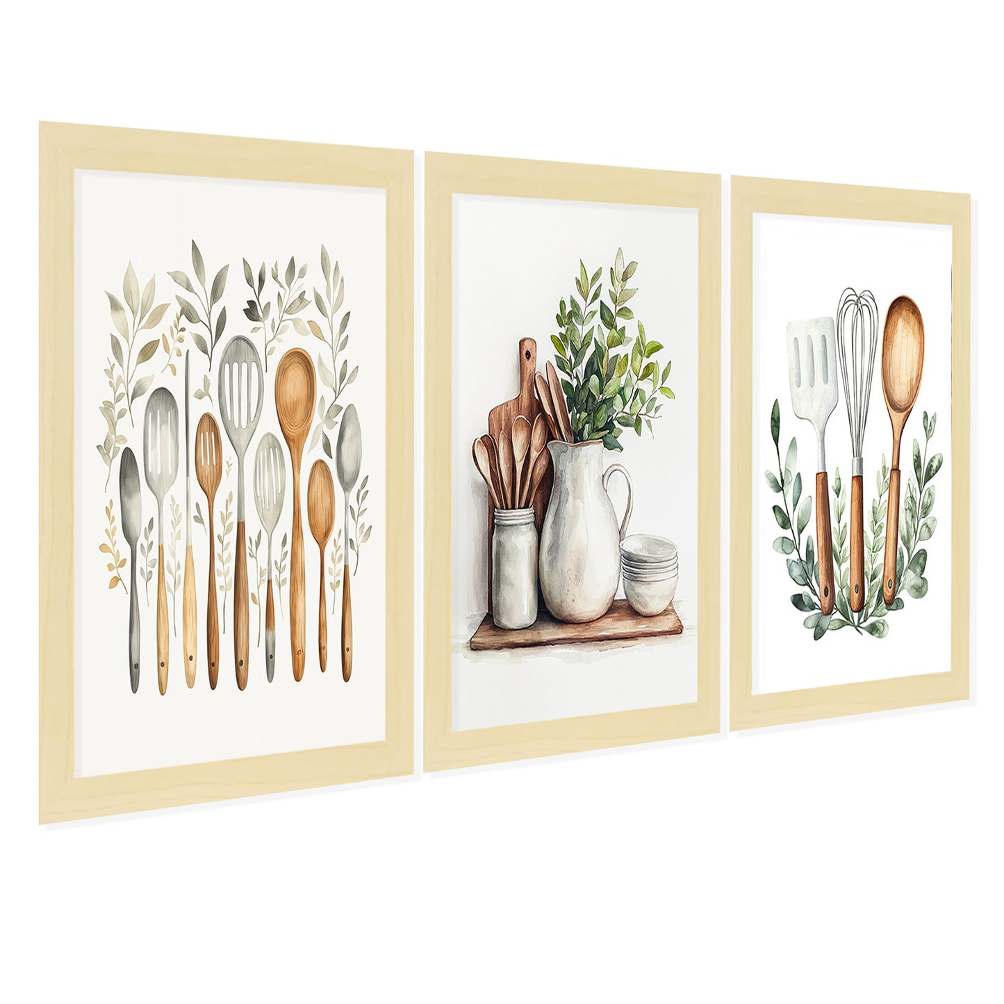 Set de 3 Cuadros Utensilios y herramientas de Cocina Póster en Acuarela con Ilustración impresa para decorar las paredes de la Cocina, Despensa, Comedor, Restaurante