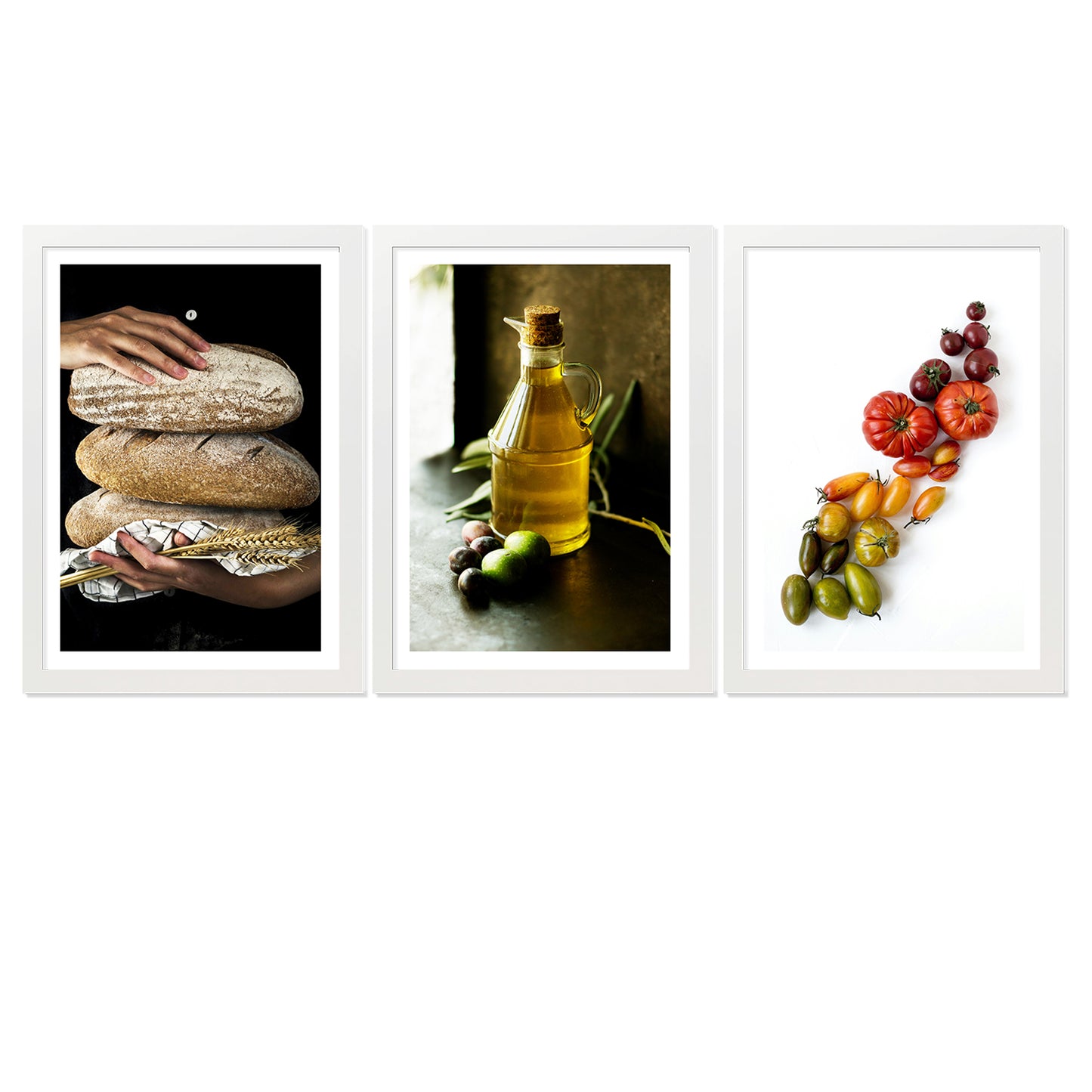 Set de 3 Cuadros de Cocina Mediterránea, Pan, Aceite de Oliva, Verduras Ilustración impresa en estilo Fotográfico para decorar Cocina, Despensa, Comedor, Restaurante, Cafetería