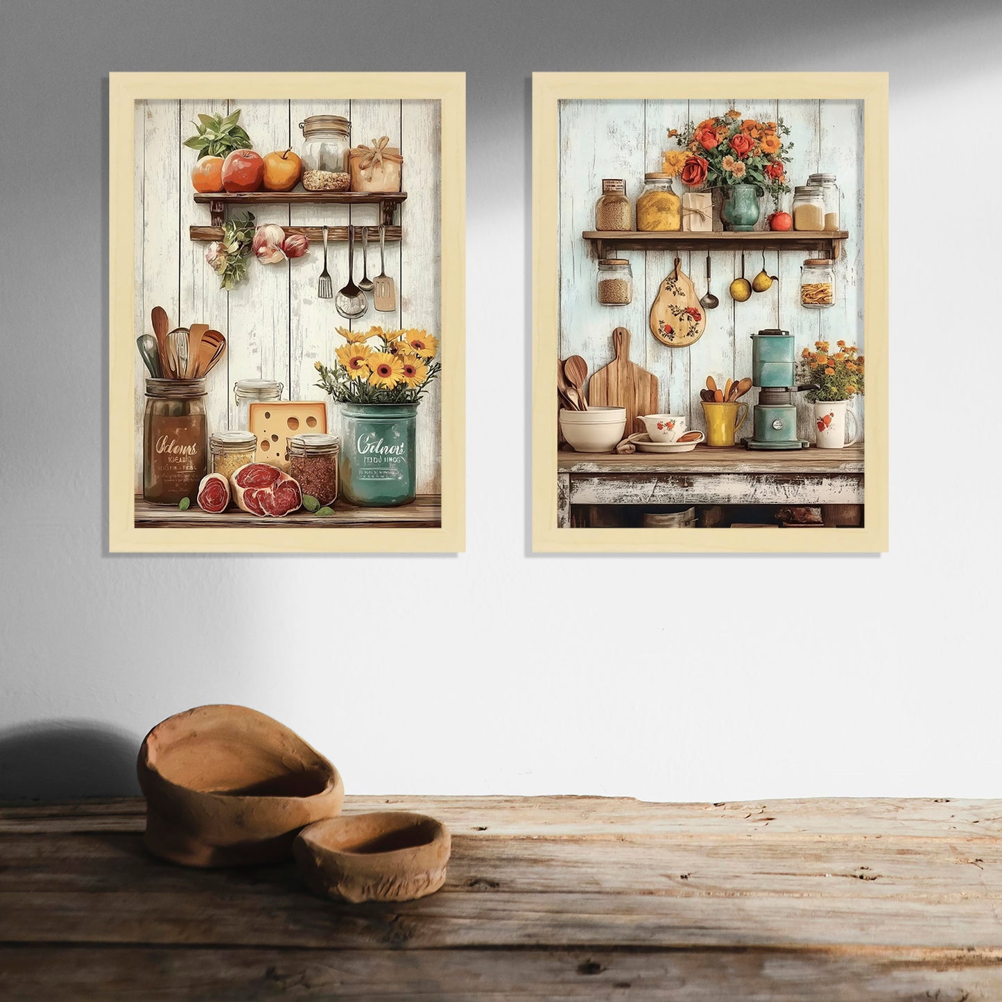 Set de 2 Cuadros de Cocina Rústica Impresión Ilustración en Estilo Campestre Arte de Pared para Decoración de Cocina, Despensa, Comedor, Restaurante