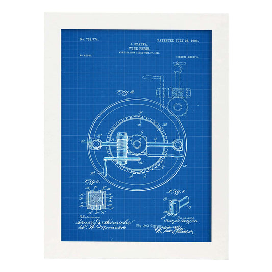 Poster con patente de Prensadora de vino 2. Lámina con diseño de patente antigua-Artwork-Nacnic-A4-Marco Blanco-Nacnic Estudio SL
