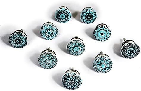 Nacnic Juego de 10 asas de cerámica con mosaico floral azul, pintado a mano. Tiradores de mano para armarios, cajones y cómodos. Asas clásicas de 40 mm de diámetro.