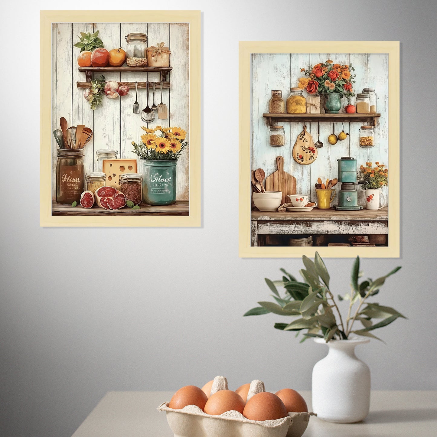 Set de 2 Cuadros de Cocina Rústica Impresión Ilustración en Estilo Campestre Arte de Pared para Decoración de Cocina, Despensa, Comedor, Restaurante