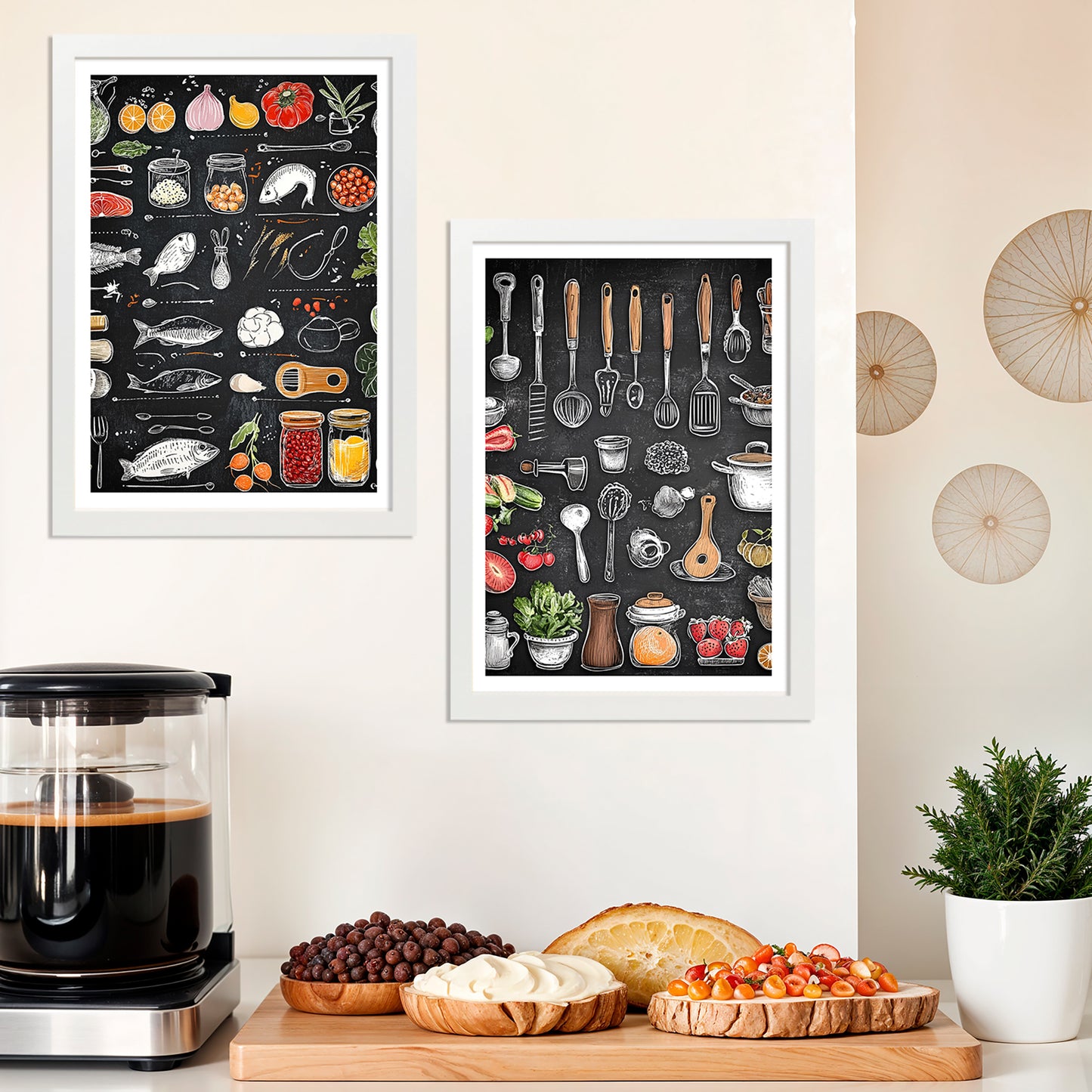 Set de 2 Cuadros Elementos de Cocina Ingredientes y Herramientas Poster Print ilustración para decorar las paredes de Cocina, Despensa, Comedor, Restaurante