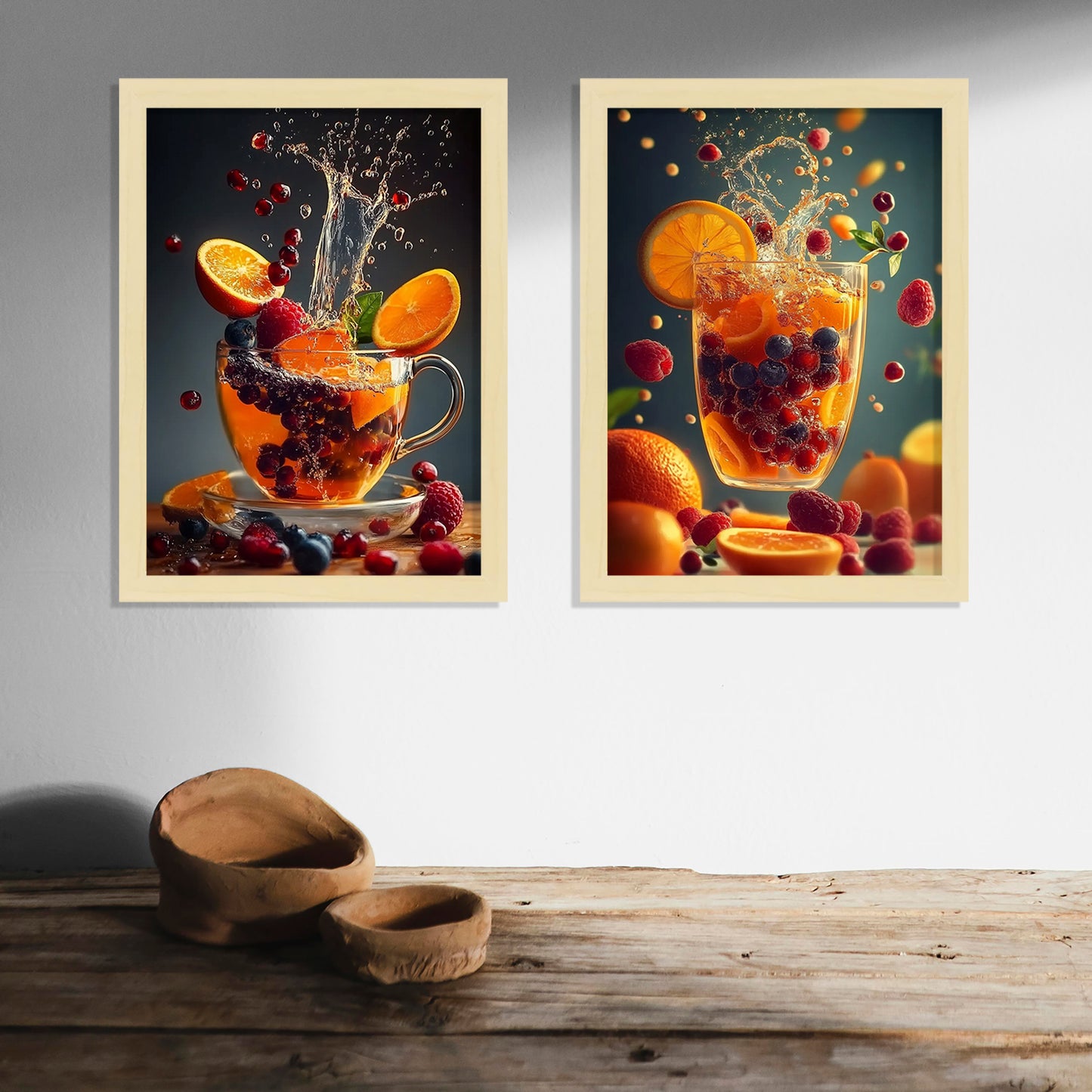 Set de 2 Cuadros de Colores con Té de Frutas Refrescantes Ilustración impresa en estilo Fotográfico para decorar las paredes de Cocina, Despensa, Comedor, Restaurante