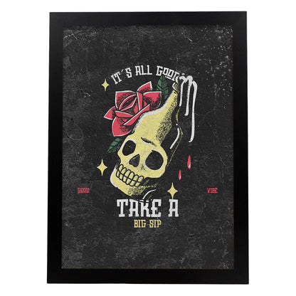 Lámina Dale un trago. Pósters con modernos diseños estilo tatuaje sobre fondo oscuro.-Artwork-Nacnic-A4-Marco Negro-Nacnic Estudio SL