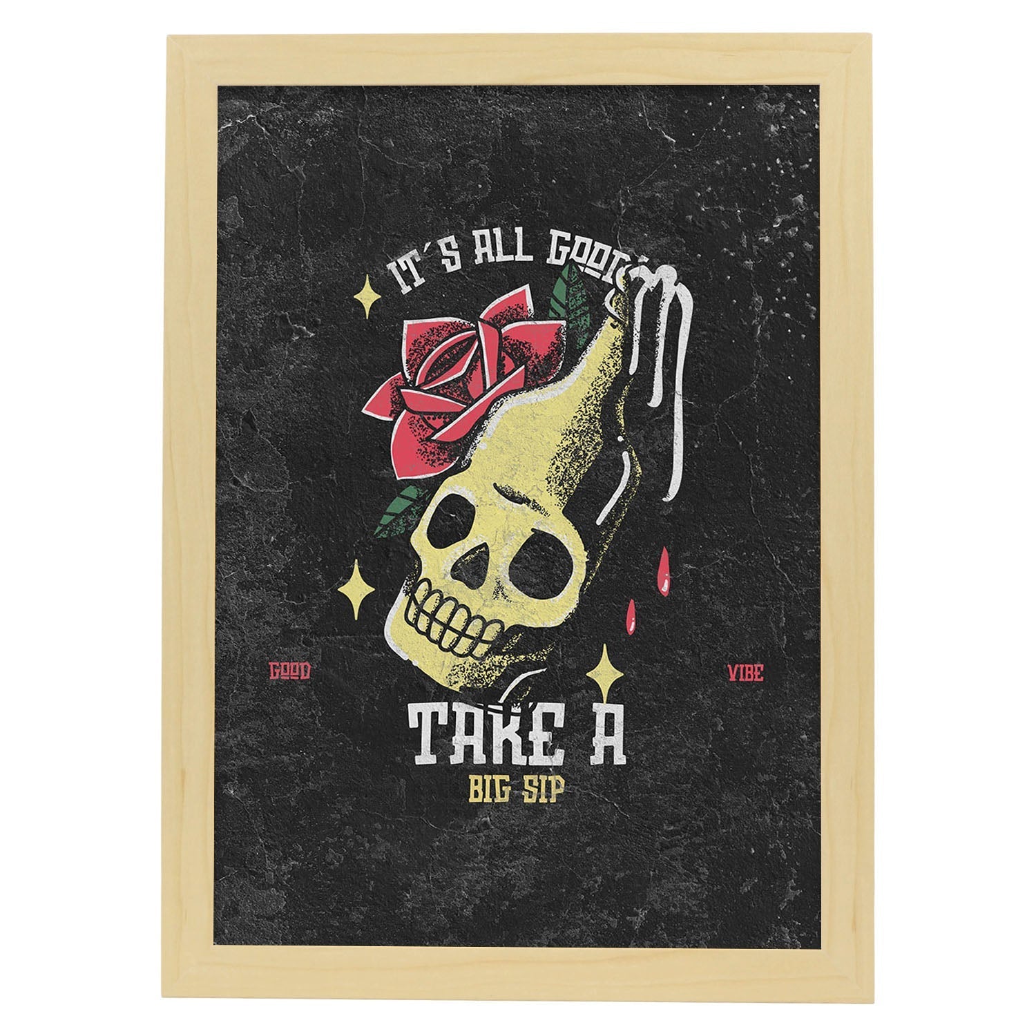 Lámina Dale un trago. Pósters con modernos diseños estilo tatuaje sobre fondo oscuro.-Artwork-Nacnic-A4-Marco Madera clara-Nacnic Estudio SL