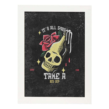 Lámina Dale un trago. Pósters con modernos diseños estilo tatuaje sobre fondo oscuro.-Artwork-Nacnic-A4-Marco Blanco-Nacnic Estudio SL
