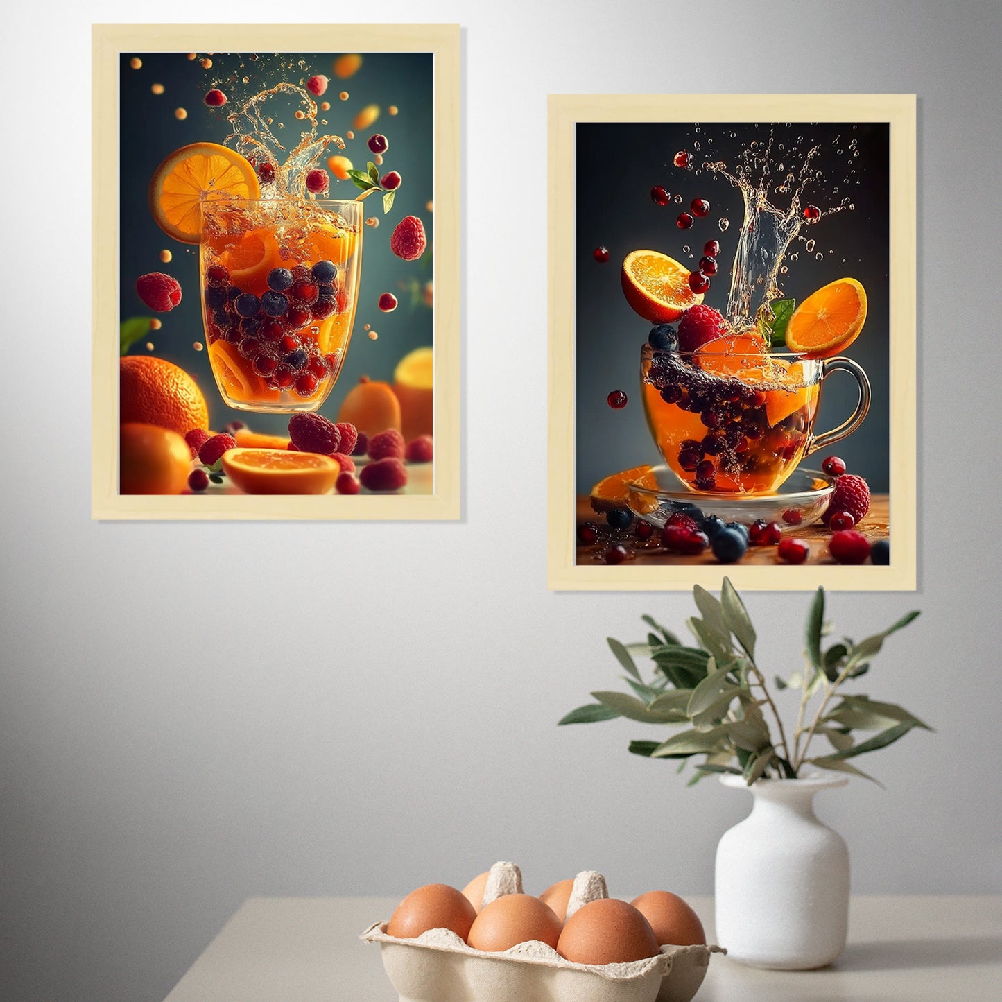 Set de 2 Cuadros de Colores con Té de Frutas Refrescantes Ilustración impresa en estilo Fotográfico para decorar las paredes de Cocina, Despensa, Comedor, Restaurante