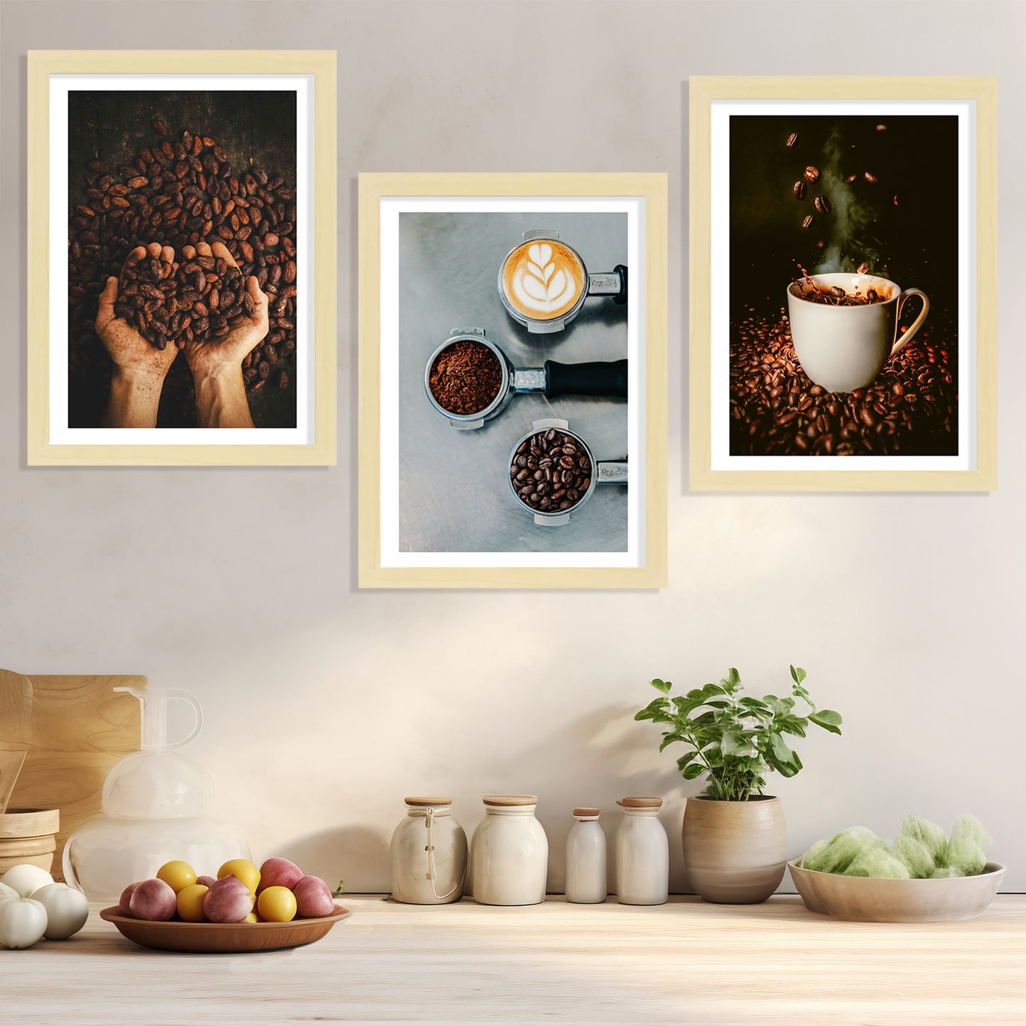 Set de 3 Cuadros de Café Tostado Ilustración impresa en estilo Fotográfico para decorar las paredes de Cocina, Despensa, Comedor, Restaurante, Cafetería