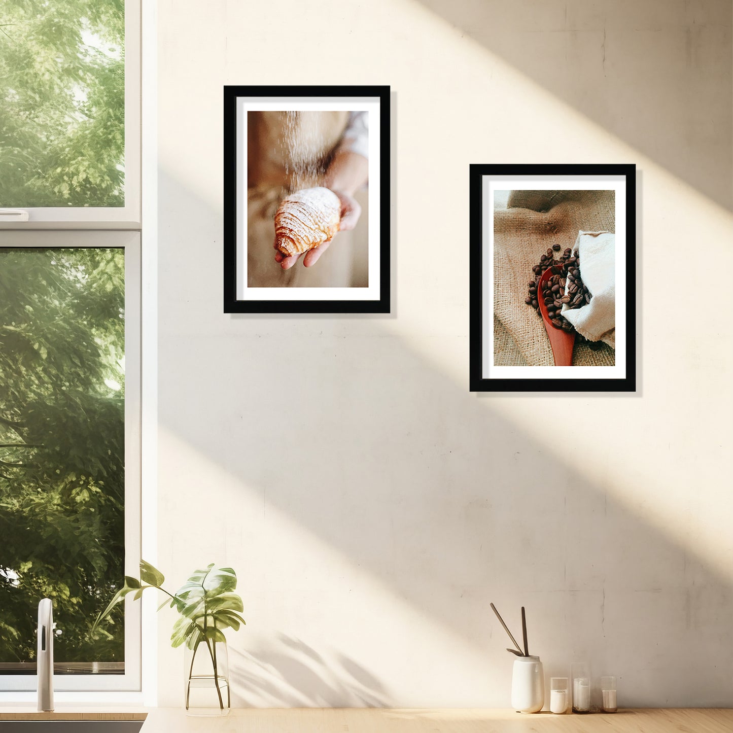 Set de 2 Cuadros Desayuno Croissant Café Ilustración impresa en estilo Fotográfico para decorar las paredes de Cocina, Panadería, Despensa, Comedor, Restaurante, Cafetería